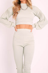 Sage Ribbed Puff Sleeve Top Loungewear Co-ord - Effy-Loungewear