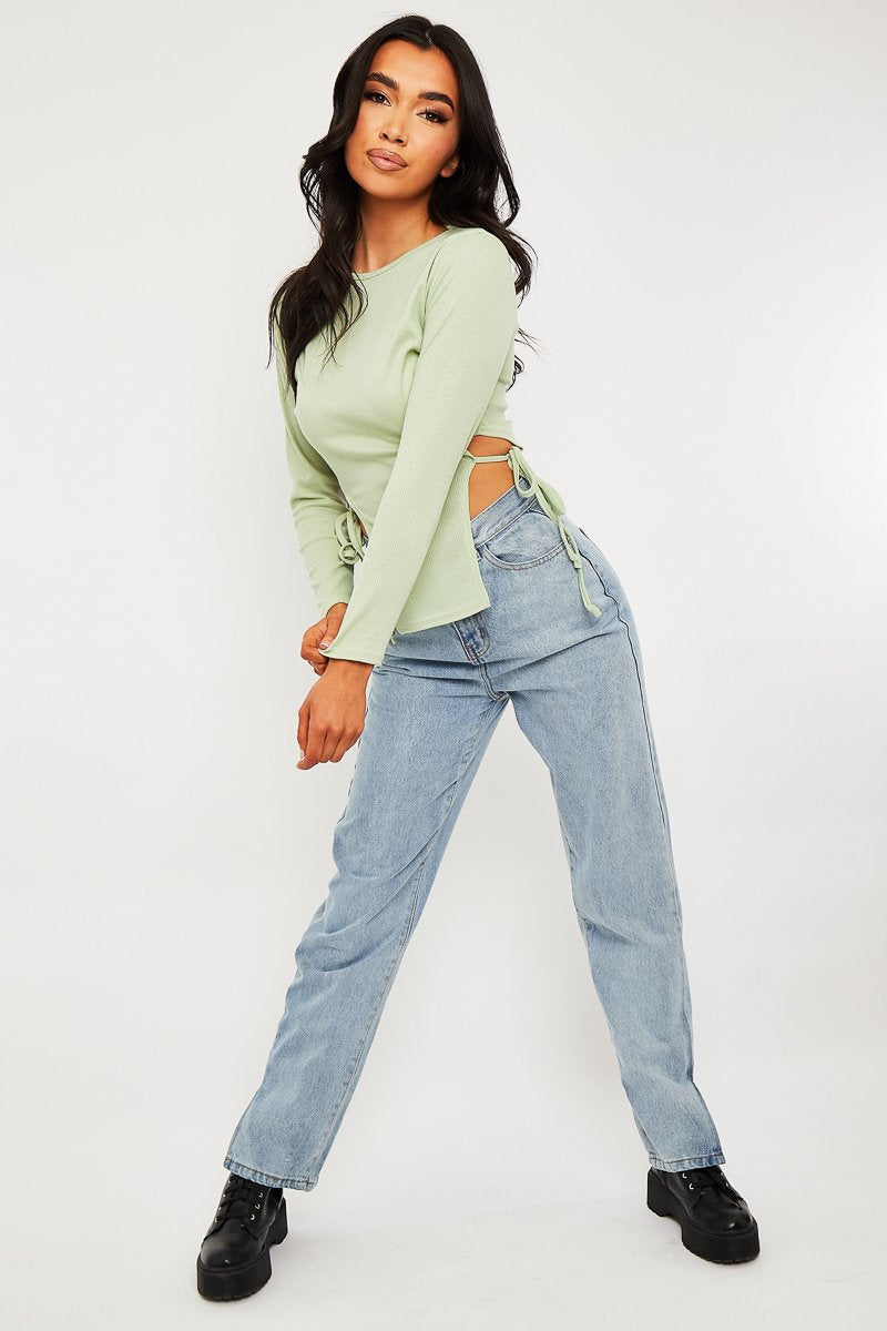 Sage Ribbed Side Tie Top - Bibi-Tops