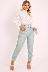 Sage Ring Belt Straight Leg PU Trousers - Jazmine-Trousers