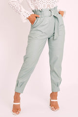 Sage Ring Belt Straight Leg PU Trousers - Jazmine-Trousers