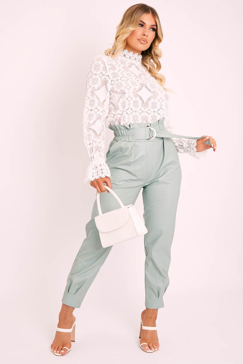 Sage Ring Belt Straight Leg PU Trousers - Jazmine-Trousers