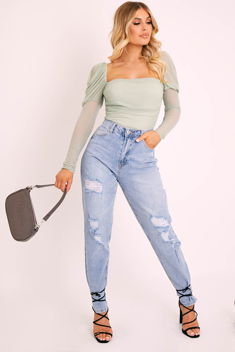 Sage Ruched Body Mesh Sleeve Bodysuit - Raeya-Bodysuits