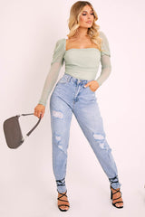 Sage Ruched Body Mesh Sleeve Bodysuit - Raeya-Bodysuits