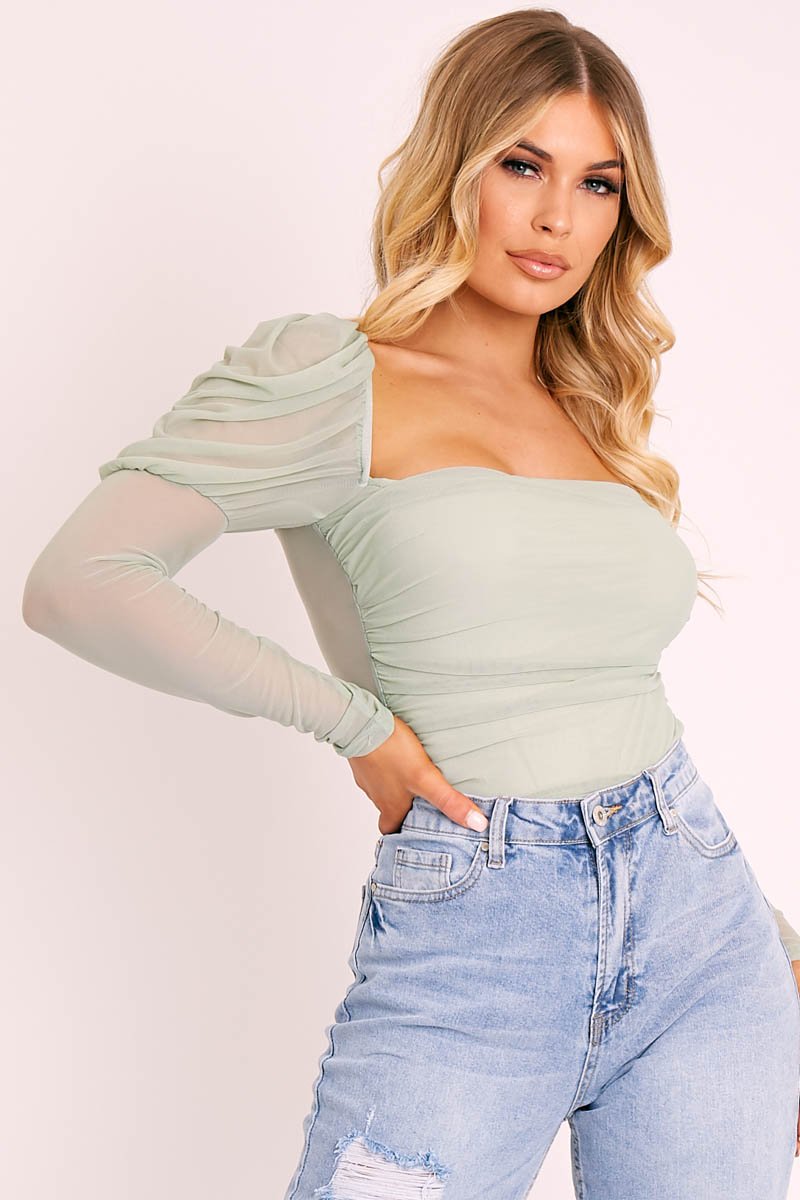 Sage Ruched Body Mesh Sleeve Bodysuit - Raeya-Bodysuits