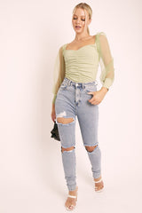 Sage Ruched Metallic Puff Sleeve Bodysuit - Elvie-Bodysuits