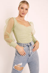 Sage Ruched Metallic Puff Sleeve Bodysuit - Elvie-Bodysuits