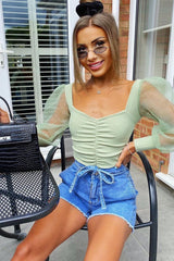 Sage Ruched Metallic Puff Sleeve Bodysuit - Elvie-Bodysuits