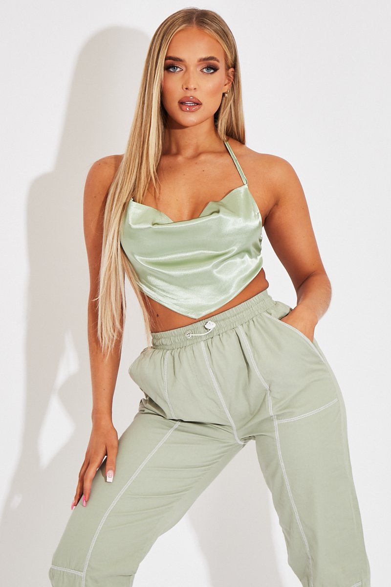 Sage Satin Bandana Halter Crop Top - Talisa-Crop Tops