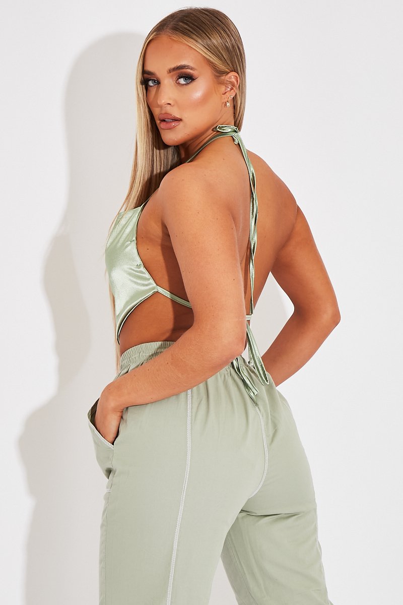 Sage Satin Bandana Halter Crop Top - Talisa-Crop Tops