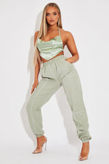 Sage Satin Bandana Halter Crop Top - Talisa-Crop Tops