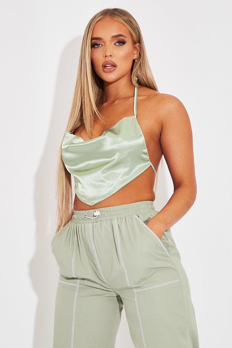 Sage Satin Bandana Halter Crop Top - Talisa-Crop Tops