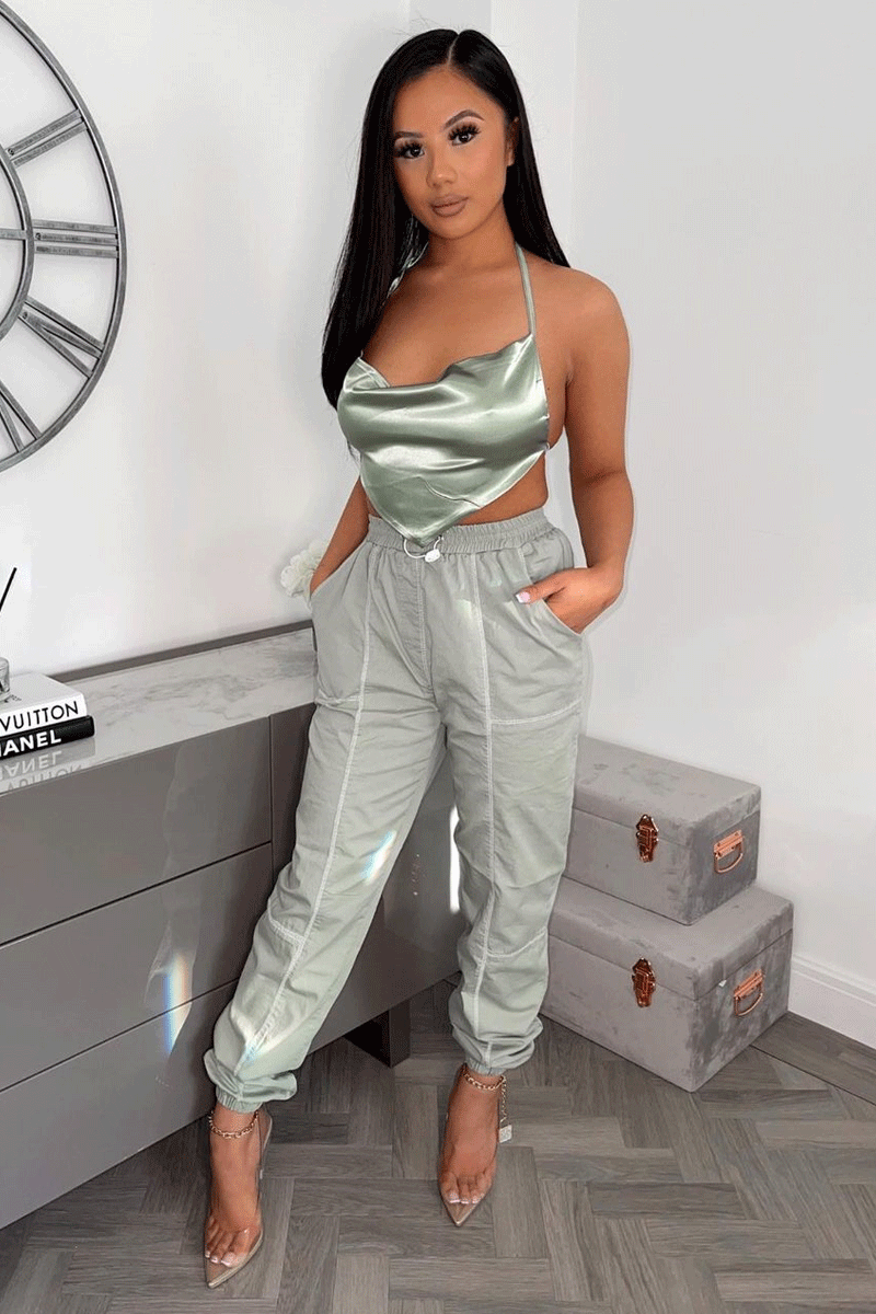 Sage Satin Bandana Halter Crop Top - Talisa-Crop Tops
