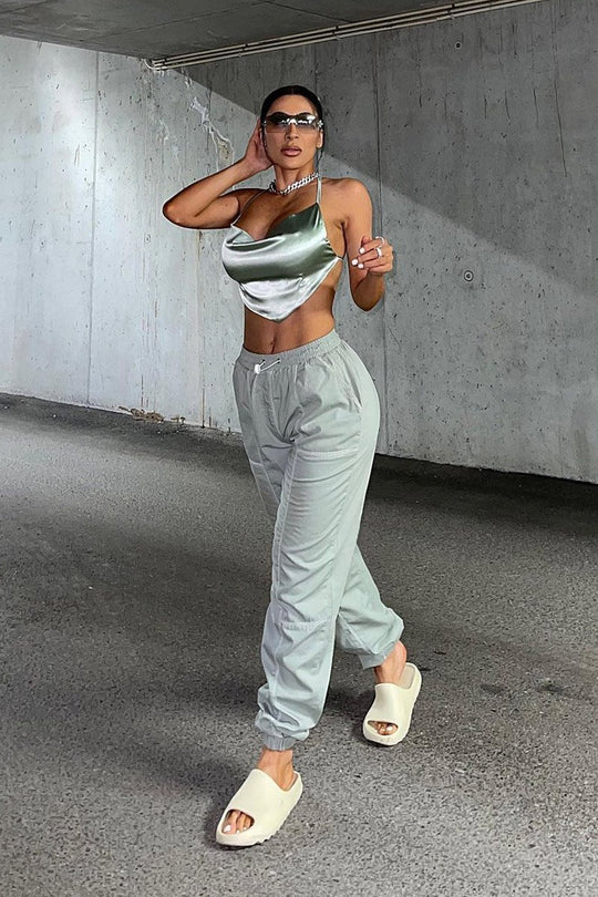 Sage Satin Bandana Halter Crop Top - Talisa