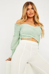 Sage Shirred Wrap Over Bardot Crop Top - Zuri-Crop Tops