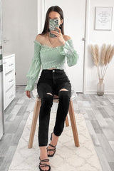 Sage Shirred Wrap Over Bardot Crop Top - Zuri-Crop Tops