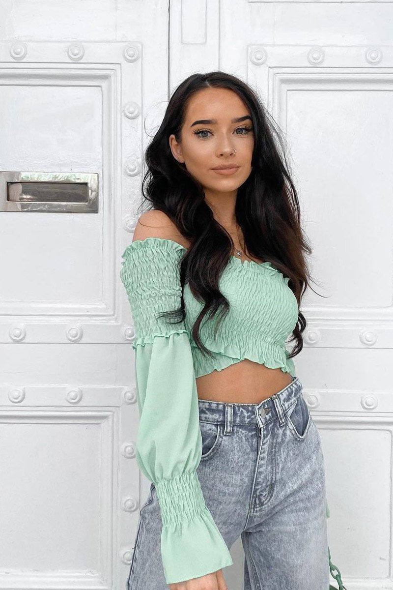 Sage Shirred Wrap Over Bardot Crop Top - Zuri-Crop Tops