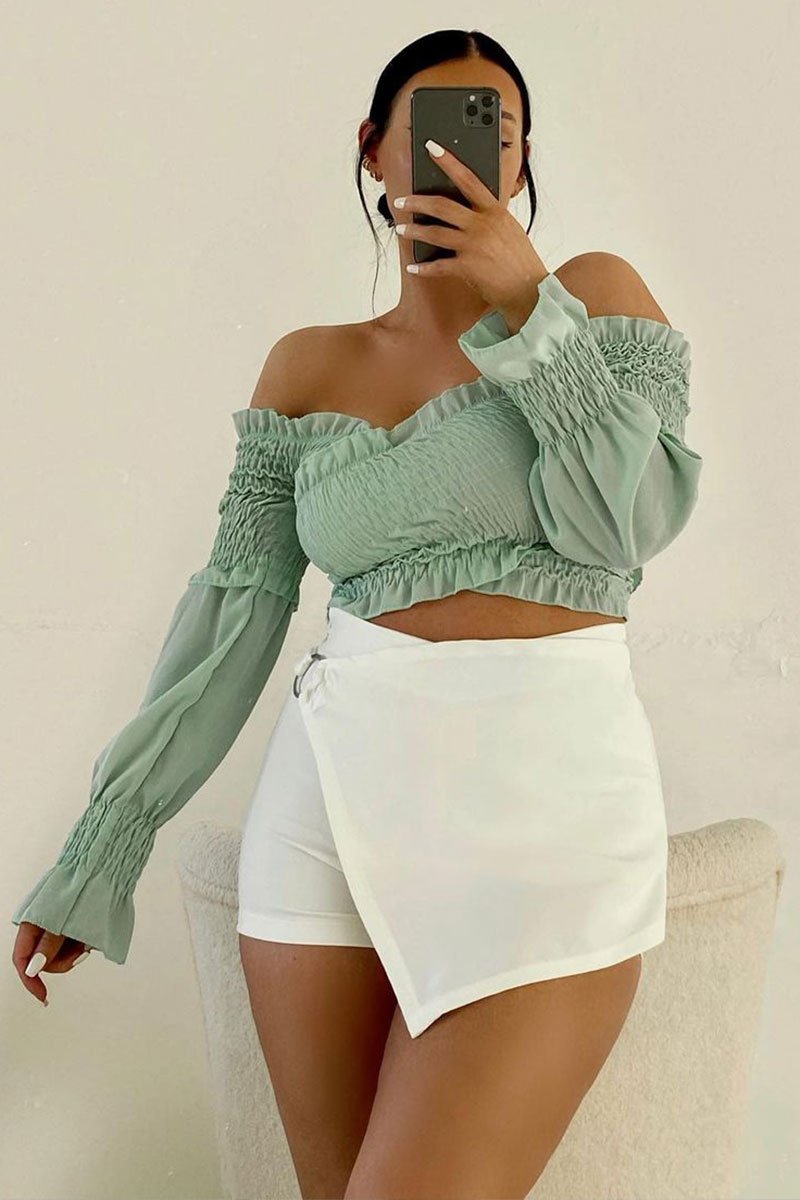 Sage Shirred Wrap Over Bardot Crop Top - Zuri-Crop Tops