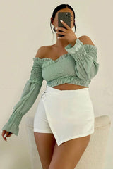 Sage Shirred Wrap Over Bardot Crop Top - Zuri-Crop Tops