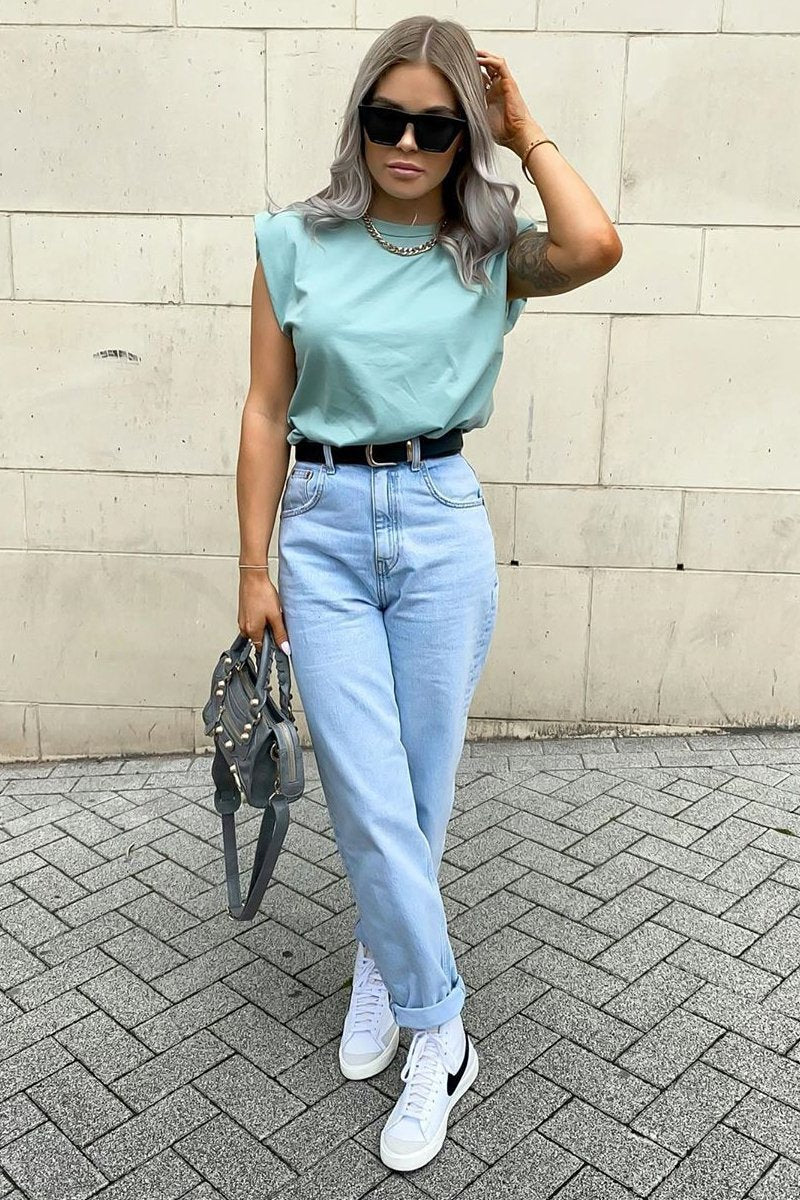 Sage Shoulder Pad Oversized T-shirt - Amzie-T-shirt