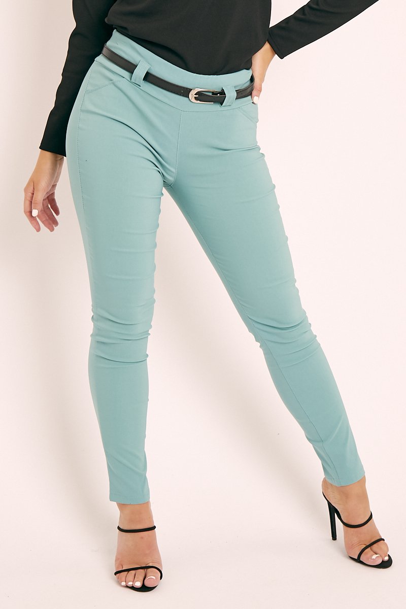 Sage Slim Fit Belted Trousers - Ilyana-Trousers