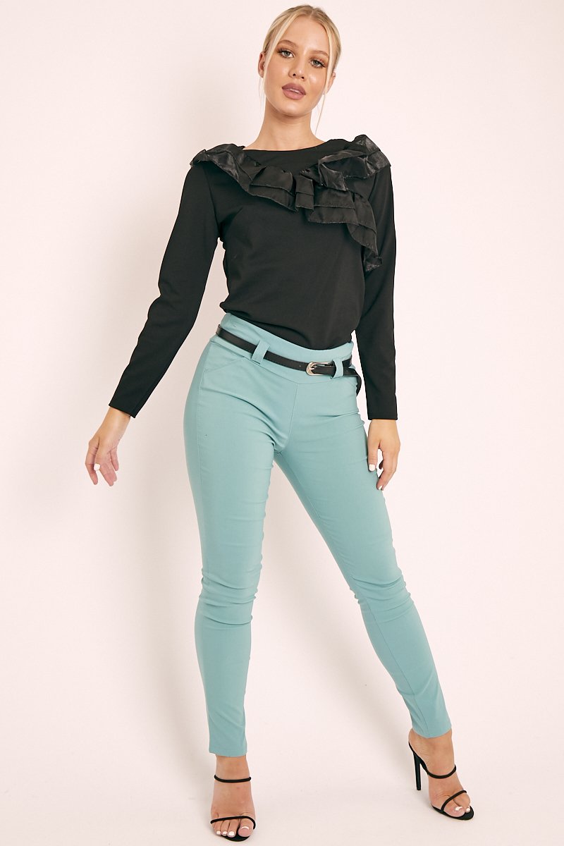 Sage Slim Fit Belted Trousers - Ilyana-Trousers