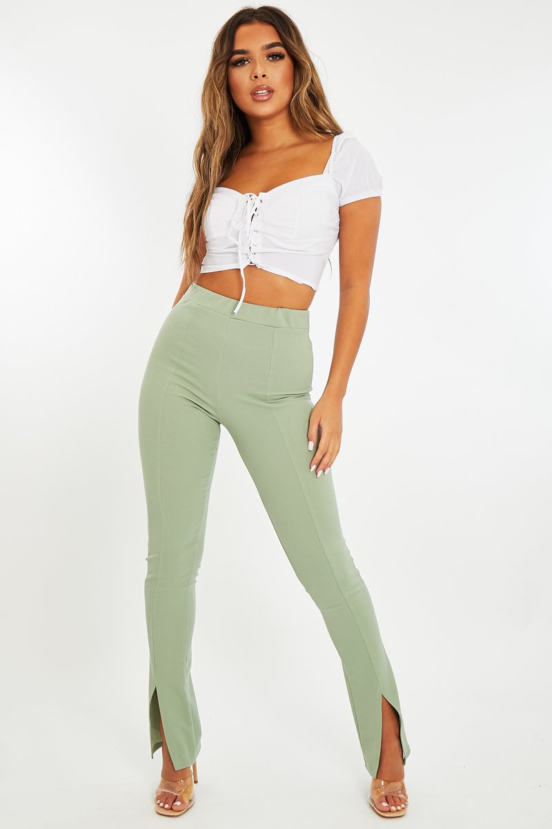 Sage Split Front Flared Trousers - Florie-Trousers
