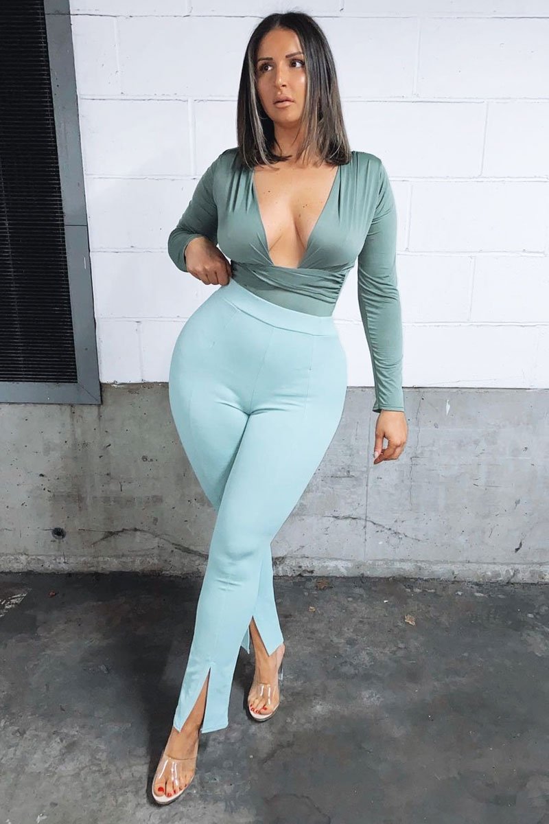 Sage Split Front Flared Trousers - Florie-Trousers