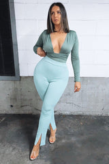 Sage Split Front Flared Trousers - Florie-Trousers