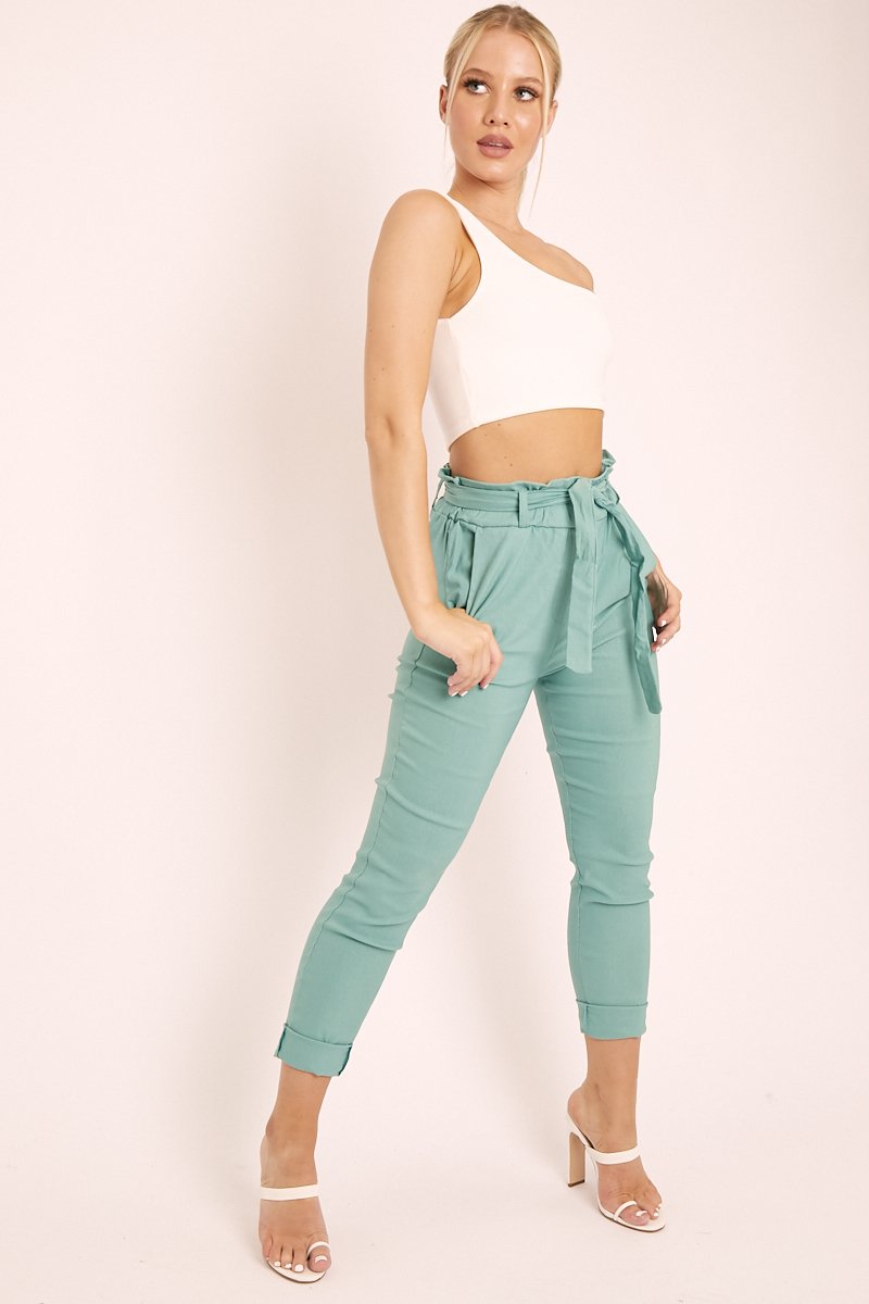 Sage Tie Belt Paperbag Waist Trousers - Jaylea-Trousers