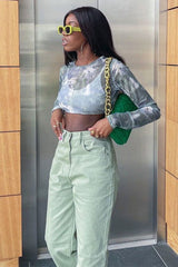 Sage Tie Dye Mesh Long Sleeve Crop Top - Niyana-Crop Tops