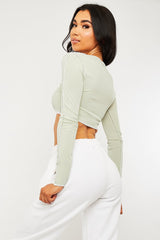 Sage White Contrast Stitch Ribbed Crop Top - Candice-Crop Tops
