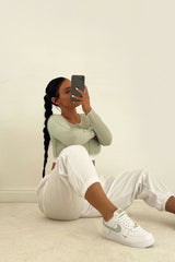 Sage White Contrast Stitch Ribbed Crop Top - Candice-Crop Tops