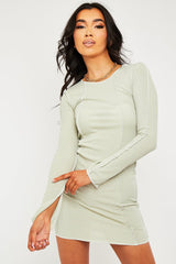 Sage White Contrast Stitch Ribbed Mini Dress - Daniah-Dresses