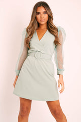 Sage Wrap Organza Sleeve Belted Dress - Delanie-Dresses