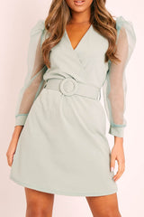 Sage Wrap Organza Sleeve Belted Dress - Delanie-Dresses