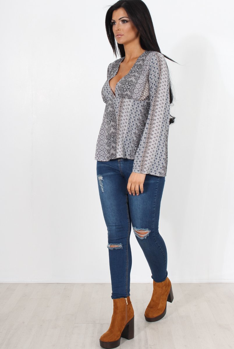 Salina Grey Paisley Bell Sleeve Top-Tops