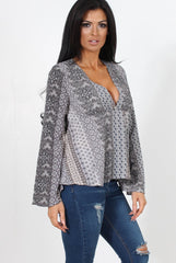 Salina Grey Paisley Bell Sleeve Top-Tops