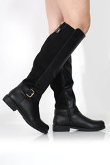Sally Black Faux Leather/Suede Knee High Boots-Boots