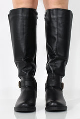 Sally Black Faux Leather/Suede Knee High Boots-Boots