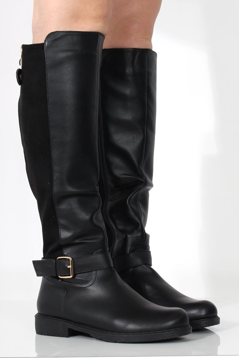 Sally Black Faux Leather/Suede Knee High Boots-Boots