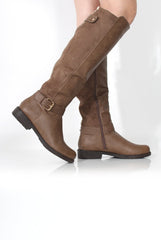 Sally Khaki Faux Leather/Suede Knee High Boots-Boots