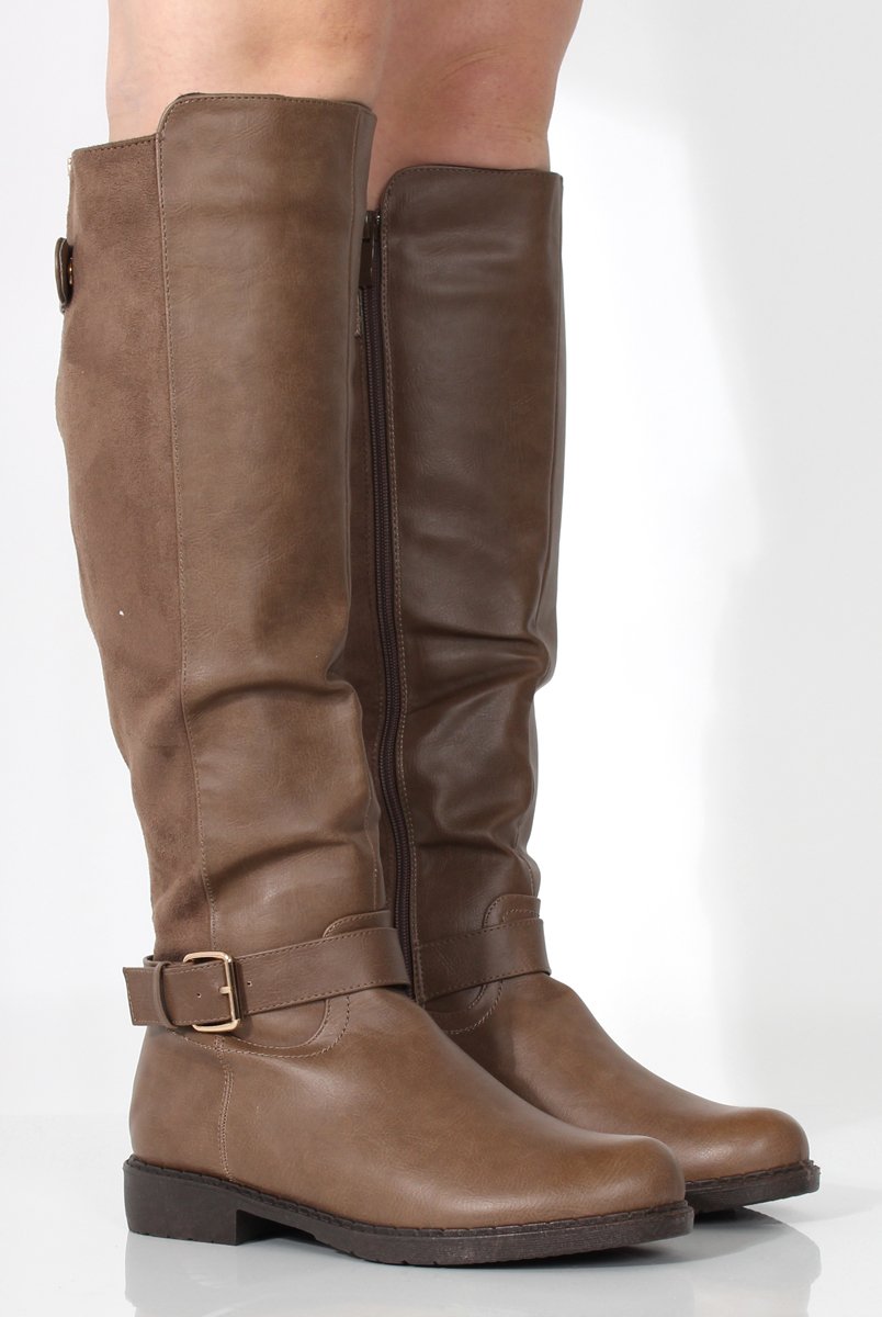 Sally Khaki Faux Leather/Suede Knee High Boots-Boots