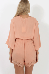 Salmon Low Cut Crochet Playsuit - Evelyn-Playsuits