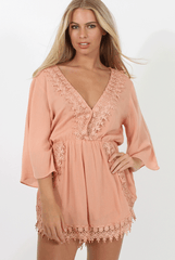 Salmon Low Cut Crochet Playsuit - Evelyn-Playsuits