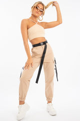 Sand Cross Front Straps Ribbed Crop Top - Vixi-Crop Tops