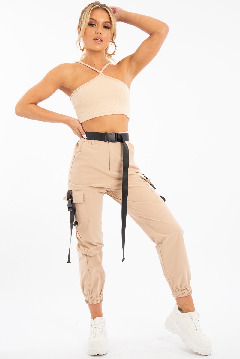 Sand Cross Front Straps Ribbed Crop Top - Vixi-Crop Tops