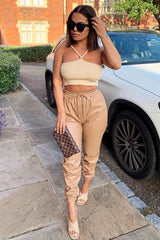Sand Cross Front Straps Ribbed Crop Top - Vixi-Crop Tops