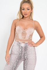 Sand Scalloped Lace Satin Bodysuit - Jeriah-Bodysuits