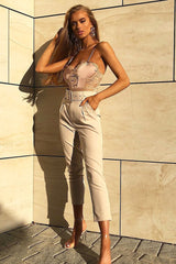 Sand Scalloped Lace Satin Bodysuit - Jeriah-Bodysuits