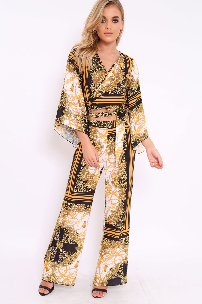 Scarf Print High Waist Flare Trousers - Jen-Trousers